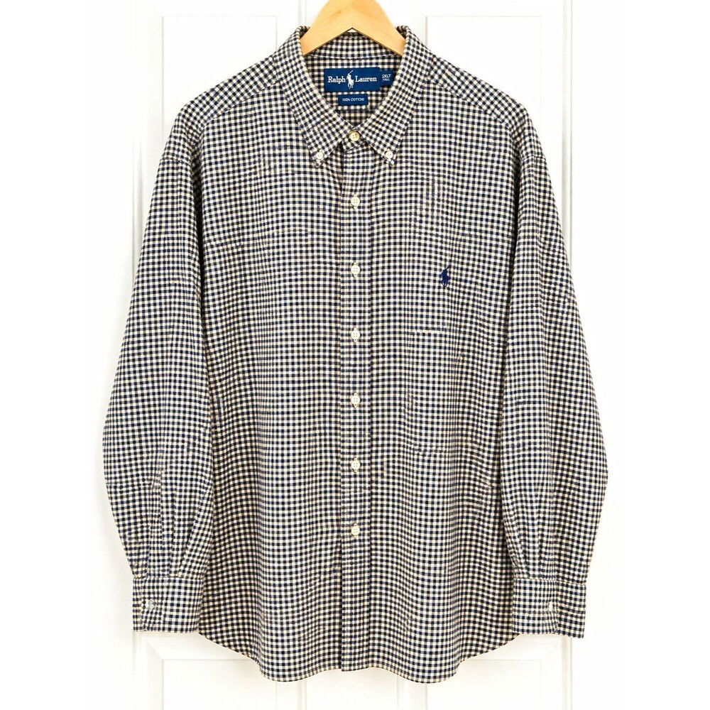 Ralph Lauren Men’s 2XLT Navy Cream Gingham Check Button Down Shirt Flannel feel